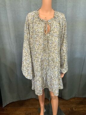 Boho Floral Tie-Neck Women’s Dress in Cream and Blue 18/20